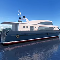 Luxury Modern Yacht Floating On Calm Water With Blue Sky And Mountains