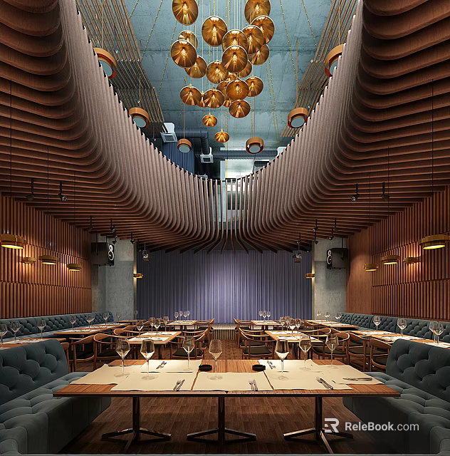 Elegant Modern Restaurant Interior Featuring Wooden Curved Ceiling Golden Chandeliers And Blue Banquettes 3d model 