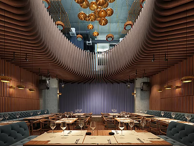 Elegant Modern Restaurant Interior Featuring Wooden Curved Ceiling Golden Chandeliers And Blue Banquettes 3d model