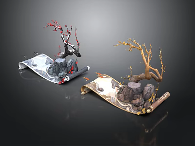Artistic Scroll Decorative Components With Rock Bases And Colored Branches 3d model