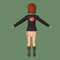 Red Haired Character With Black Coat Light Pleated Skirt And Black Boots On Green Background