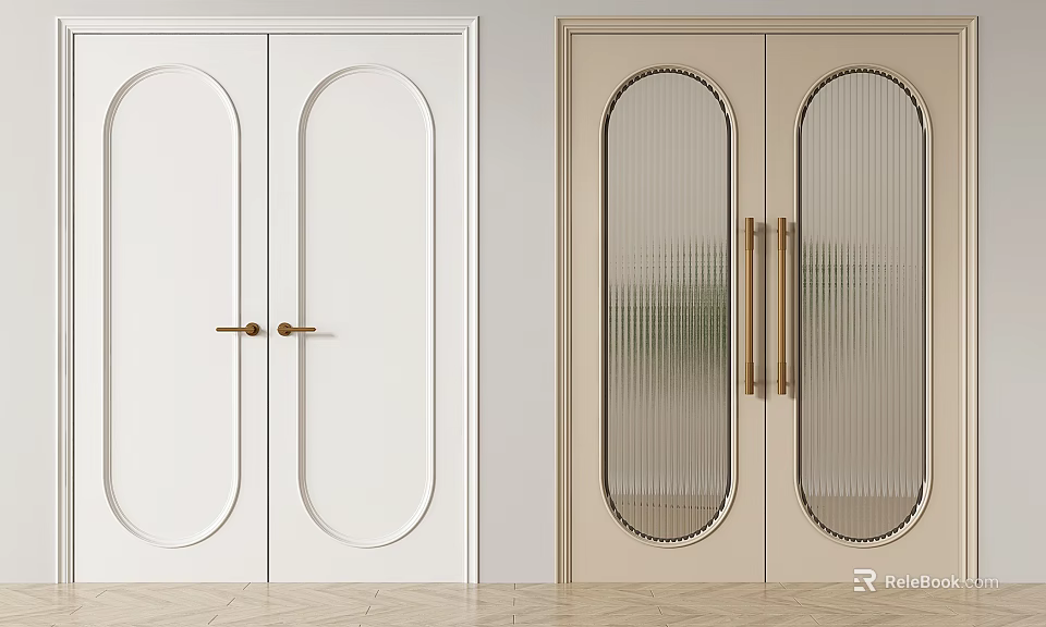 White And Beige Double Doors With Rounded Panels Vertical Striped Glass And Brass Handles 3d model 