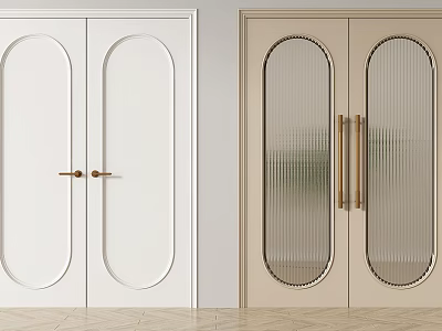 White And Beige Double Doors With Rounded Panels Vertical Striped Glass And Brass Handles 3d model