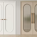 White And Beige Double Doors With Rounded Panels Vertical Striped Glass And Brass Handles