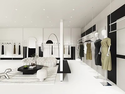 Elegant Minimalist Modern Clothing Store Interior With Women Fashion Mannequins And Cozy Lounge Space 3d model