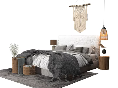 Double Bed with White Headboard Gray Blanket Macramé Hanging Pendant Light and Wooden Stump Tables 3d model