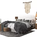 Double Bed with White Headboard Gray Blanket Macramé Hanging Pendant Light and Wooden Stump Tables