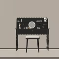 Modern Black Scalloped Dressing Table With Round Mirror Cosmetics And Upholstered Stool