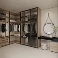 Modern Walk-in Closet Interior Design With Glass Doors Hanging Clothes And Wooden Storage Cabinets