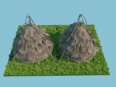 Two Thatched Huts With Conical Straw Roofs On Green Grassy Area 3d model