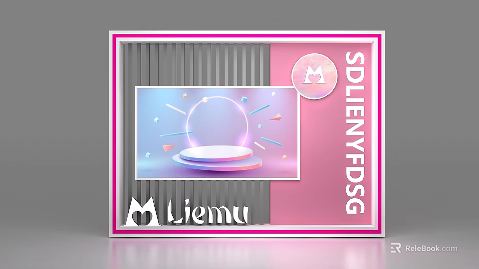 Modern Pink Frame Display Shelf With Liemu Logo Neon Lights And Geometric Decor 3d model 