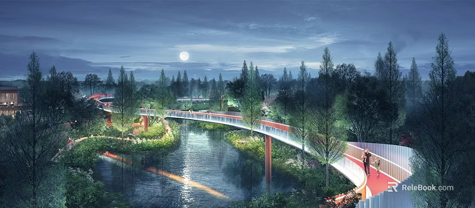 Moonlit Landscape Bridge Over River With Illuminated Path And Trees At Night 3d model 