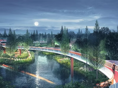 Moonlit Landscape Bridge Over River With Illuminated Path And Trees At Night 3d model