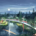 Moonlit Landscape Bridge Over River With Illuminated Path And Trees At Night