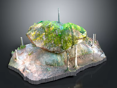 3D Rock Scene Setup With Moss Covered Surface And Support Pillars On Base 3d model