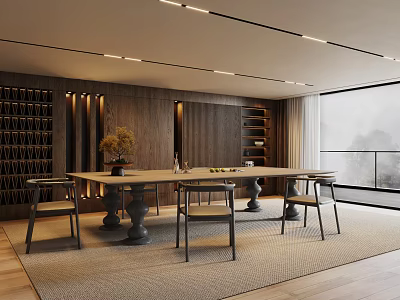 Modern Restaurant Interior Design With Long Dining Table Wine Rack And Floor to Ceiling Windows 3d model