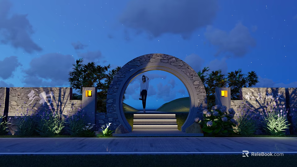 Building Exterior Wall with Circular Stone Archway Night Lighting Steps and Green Plants 3d model 