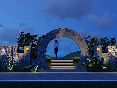 Building Exterior Wall with Circular Stone Archway Night Lighting Steps and Green Plants 3d model