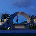 Building Exterior Wall with Circular Stone Archway Night Lighting Steps and Green Plants