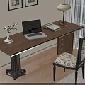 Wooden Writing Desk Setup with Laptop Vase Lamp Books and Patterned Chair