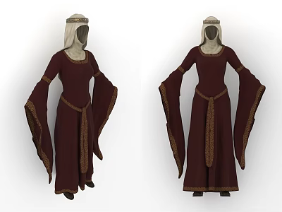 Maroon Medieval Robe With Long Sleeves Golden Trim And Hooded Design 3d model