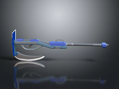 Blue Mechanical Tool With Sickle Shaped Blade And Long Metallic Rod 3d model