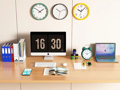 Office Desk With Multiple Clocks Digital Display Binders Laptop And Supplies 3d model