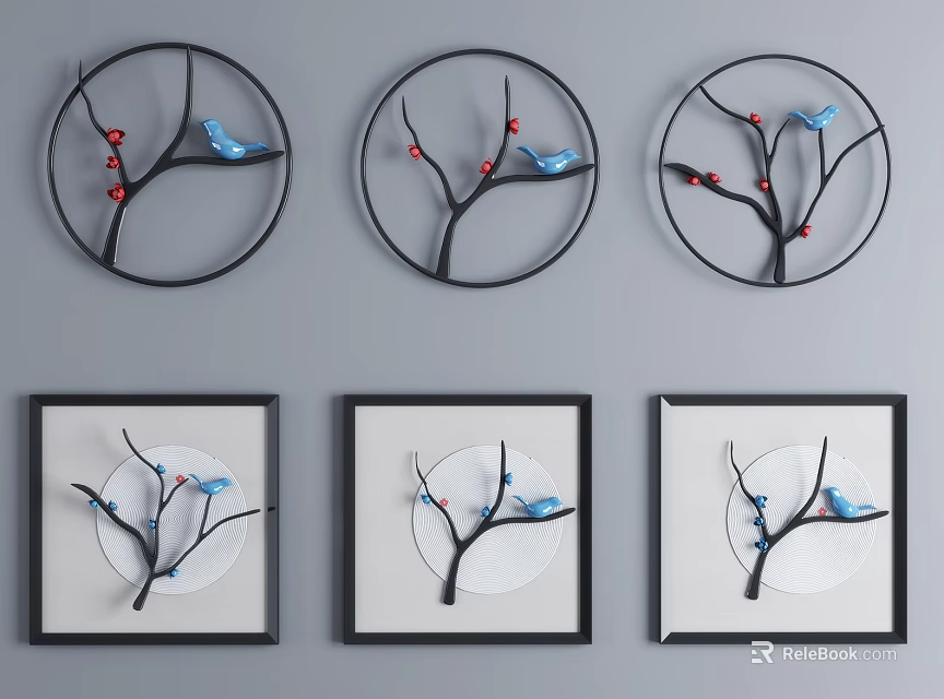 Plant Paintings with Branches Red Berries Blue Birds in Round Square Frames on Gray Wall 3d model 