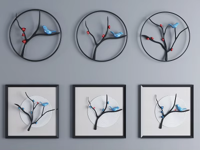 Plant Paintings with Branches Red Berries Blue Birds in Round Square Frames on Gray Wall 3d model