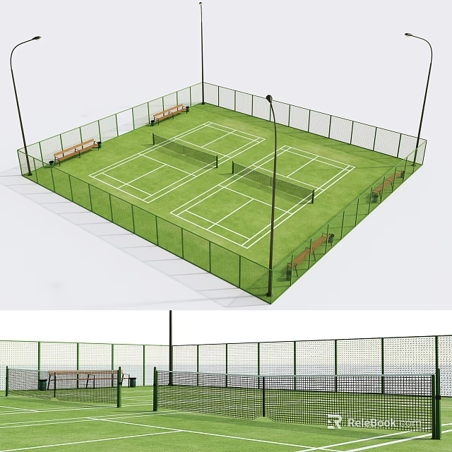 Outdoor Tennis Court Facility With Green Surface Fencing Benches And Lighting 3d model 