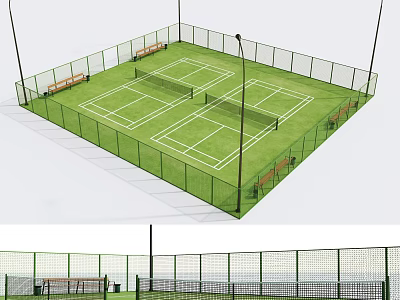 Outdoor Tennis Court Facility With Green Surface Fencing Benches And Lighting 3d model