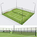 Outdoor Tennis Court Facility With Green Surface Fencing Benches And Lighting