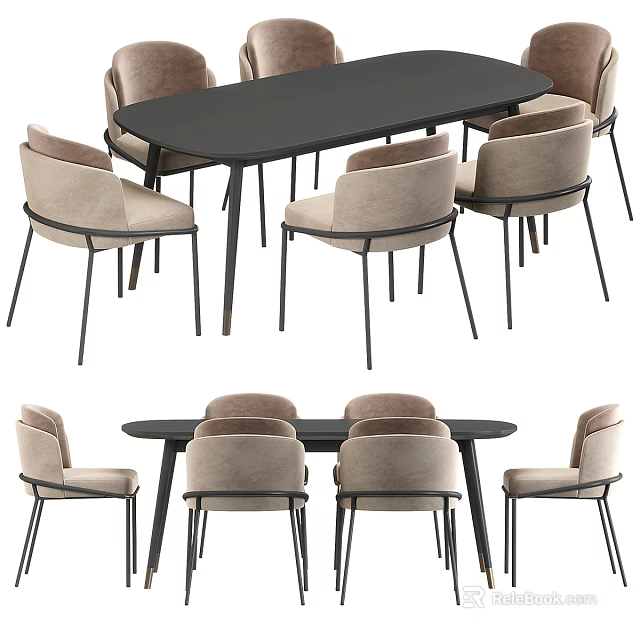 Modern Dining Table Set With Black Tabletop And Beige Upholstered Chairs 3d model