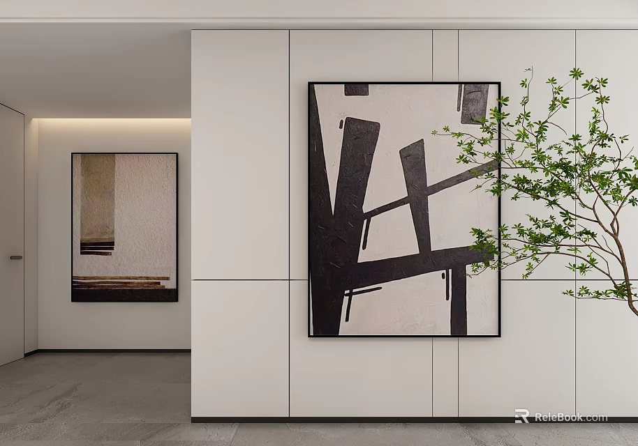 Abstract Painting with Black and White Geometric Lines in Modern Interior White Wall and Greenery 3d model 