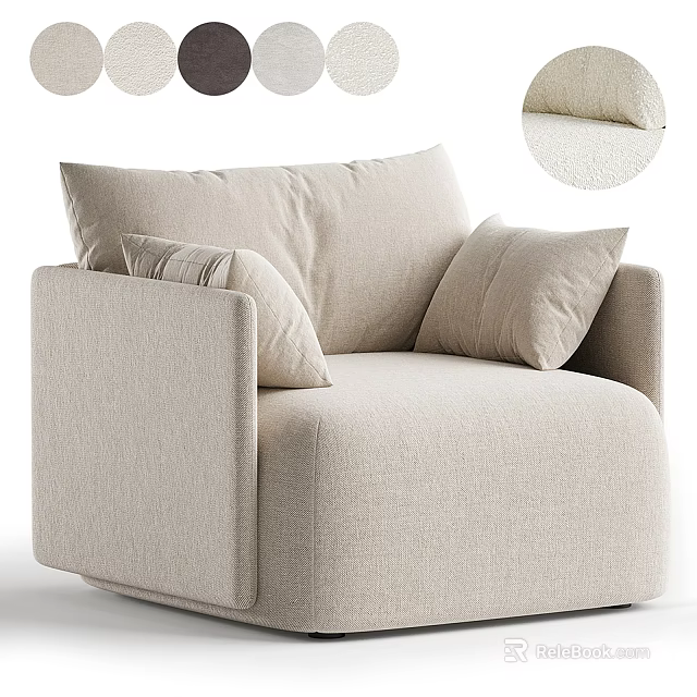 Modern Minimalist Beige Single Sofa Upholstered in Linen Fabric with Plush Decorative Cushions 3d model 