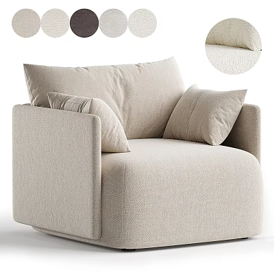 Modern Minimalist Beige Single Sofa Upholstered in Linen Fabric with Plush Decorative Cushions 3d model
