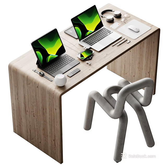 Wooden Office Desk With Two Laptops Green Screens Mobile Phone Mouse Pen And Gray Chair 3d model 