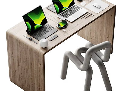 Wooden Office Desk With Two Laptops Green Screens Mobile Phone Mouse Pen And Gray Chair 3d model
