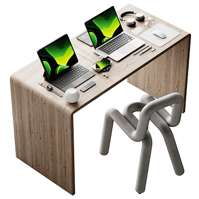 Wooden Office Desk With Two Laptops Green Screens Mobile Phone Mouse Pen And Gray Chair 3d model