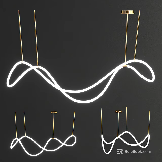 Wave Shaped White Chandeliers with Golden Hanging Wires on Black Background 3d model 