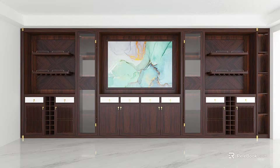 Modern Dark Wood Wine Cabinet With Glass Door Display Shelves And Storage Compartments 3d model 