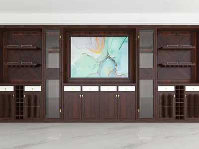 Modern Dark Wood Wine Cabinet With Glass Door Display Shelves And Storage Compartments 3d model