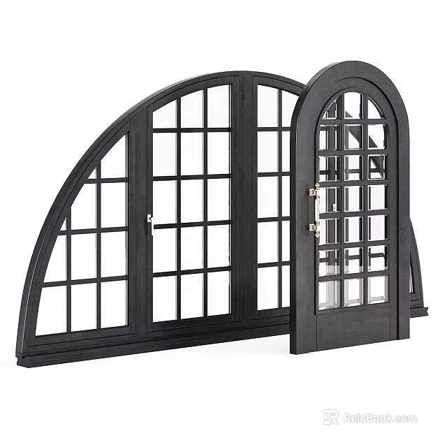 Black Arched Casement Windows With Wooden Frame And Multiple Glass Panes 3d model 