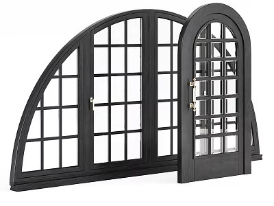 Black Arched Casement Windows With Wooden Frame And Multiple Glass Panes 3d model