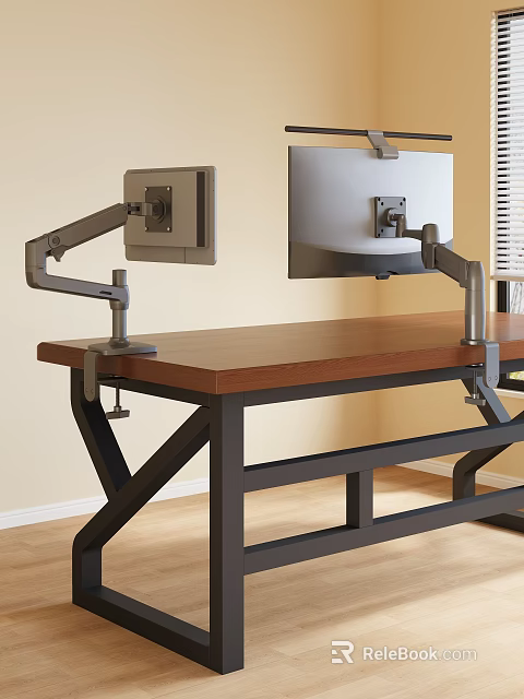 Modern Office Desk with Wooden Top Black Metal Legs and Monitor Arms 3d model 