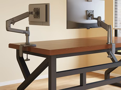 Modern Office Desk with Wooden Top Black Metal Legs and Monitor Arms 3d model