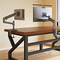 Modern Office Desk with Wooden Top Black Metal Legs and Monitor Arms