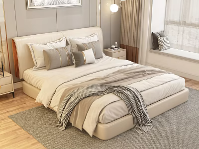 Modern Double Bed With Beige Pillows And Checked Blanket On Wooden Floor 3d model