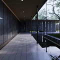 Karesansui Dry Landscape Garden With Covered Walkway Wooden Slats And Stone Path