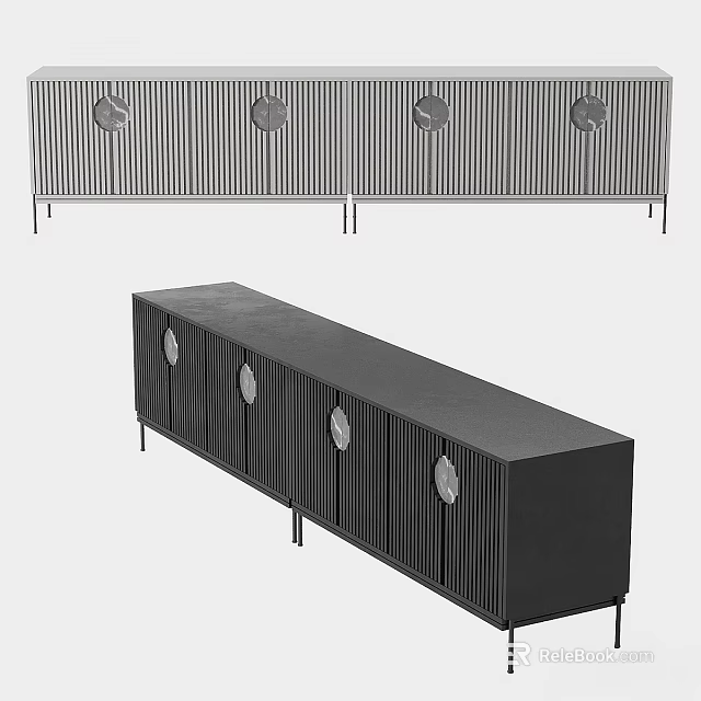 Modern Black Sideboard With Vertical Stripes And Round Decorative Accents 3d model 